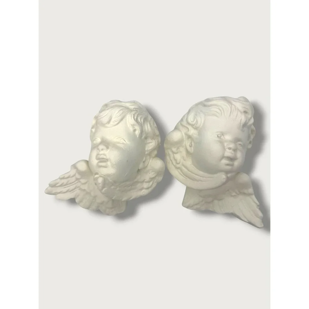 Vintage Chalkware Cherub Wall Plaques Pair Ivory Putti Angel Heads French Decor